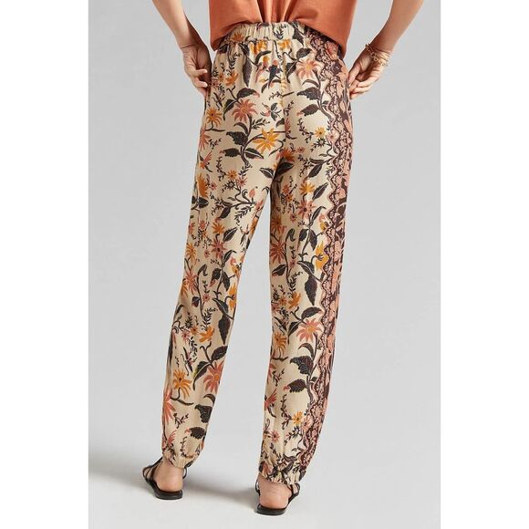 Anthropologie Smocked Balloon-Leg Pants Women's 4 Tan Floral Boho Jogger Harem - Picture 2 of 12